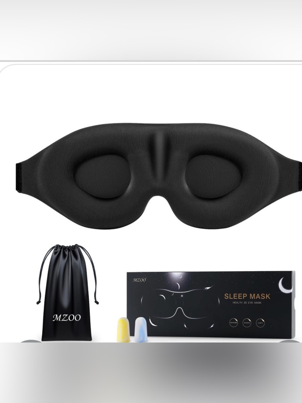 SLEEP MASK Zero Eye Pressure 100% Light-Blocking with Ear Pugs & Trave Bag - BLK